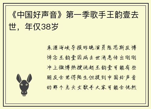 《中国好声音》第一季歌手王韵壹去世，年仅38岁