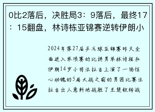0比2落后，决胜局3：9落后，最终17：15翻盘，林诗栋亚锦赛逆转伊朗小孩儿哥！附带国乒12日赛程，赶紧收藏观看