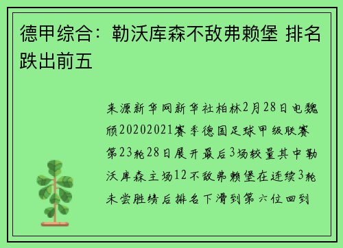 德甲综合：勒沃库森不敌弗赖堡 排名跌出前五
