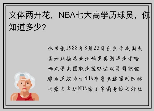 文体两开花，NBA七大高学历球员，你知道多少？