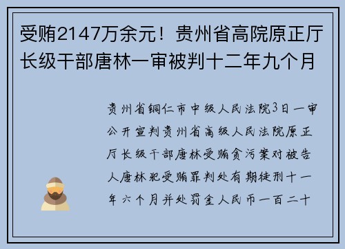 受贿2147万余元！贵州省高院原正厅长级干部唐林一审被判十二年九个月